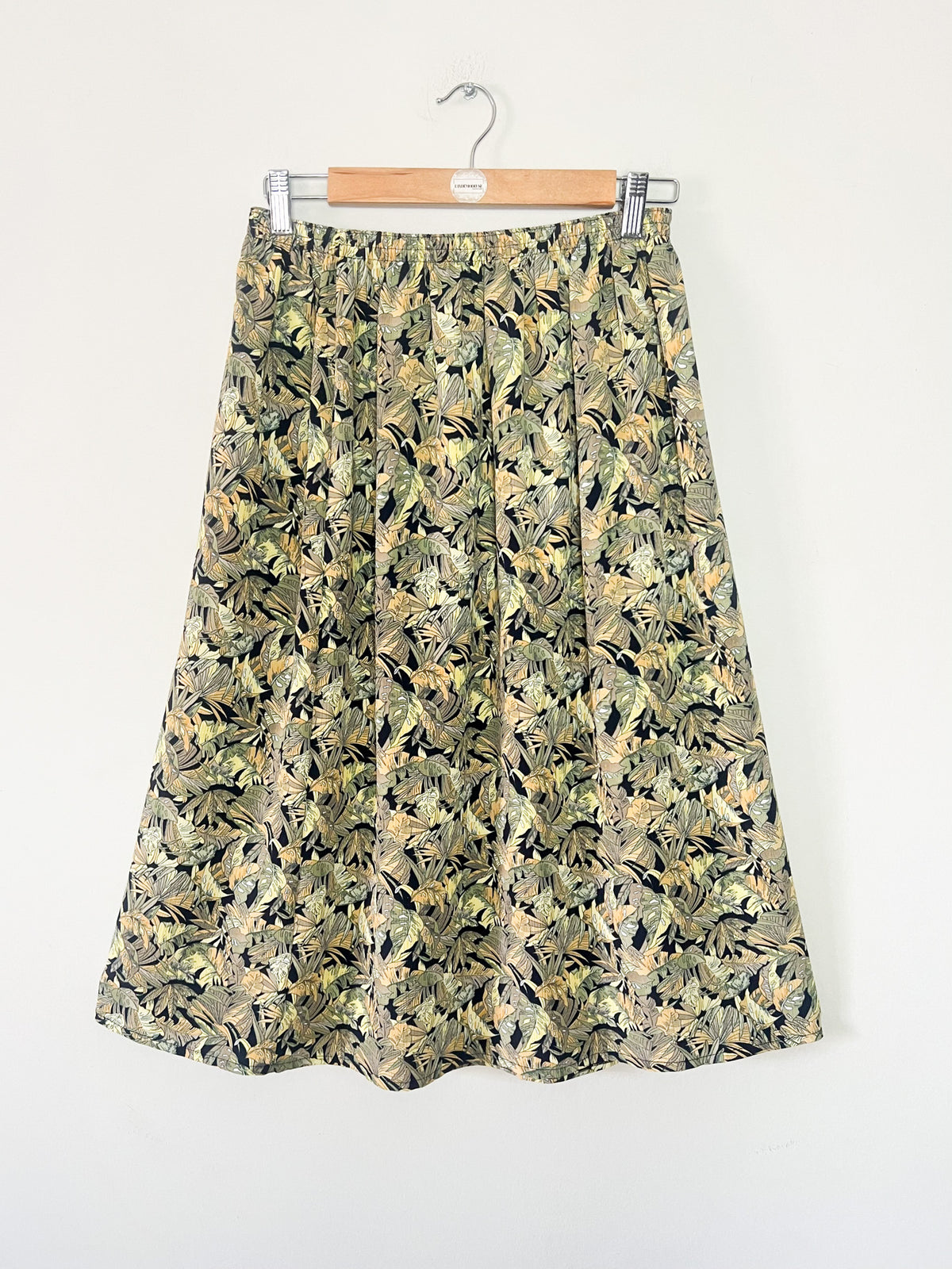 Jupe midi fluide vintage années 80 imprimé tropical kaki beige Griffon T36 38