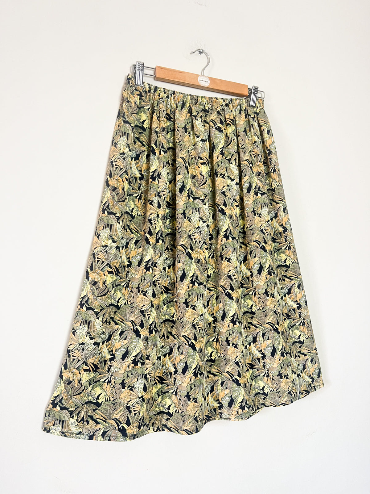 Jupe midi fluide vintage années 80 imprimé tropical kaki beige Griffon T36 38