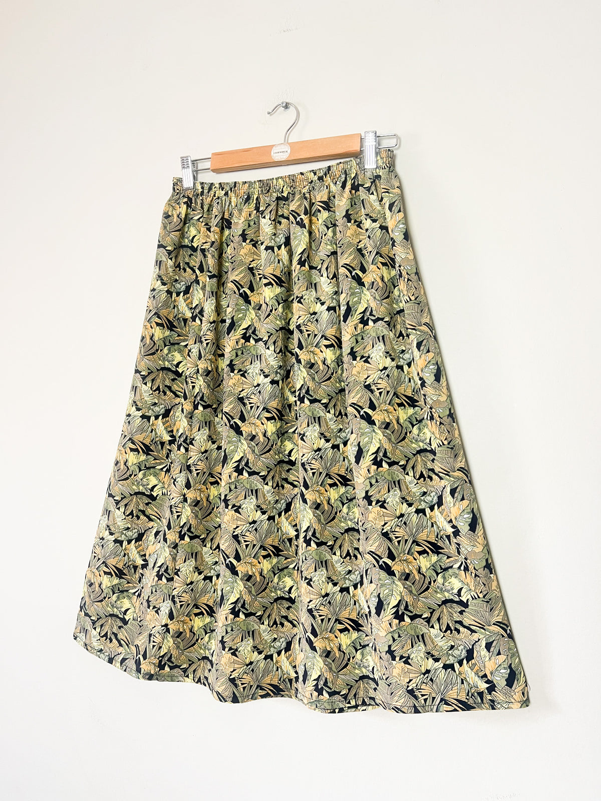 Jupe midi fluide vintage années 80 imprimé tropical kaki beige Griffon T36 38