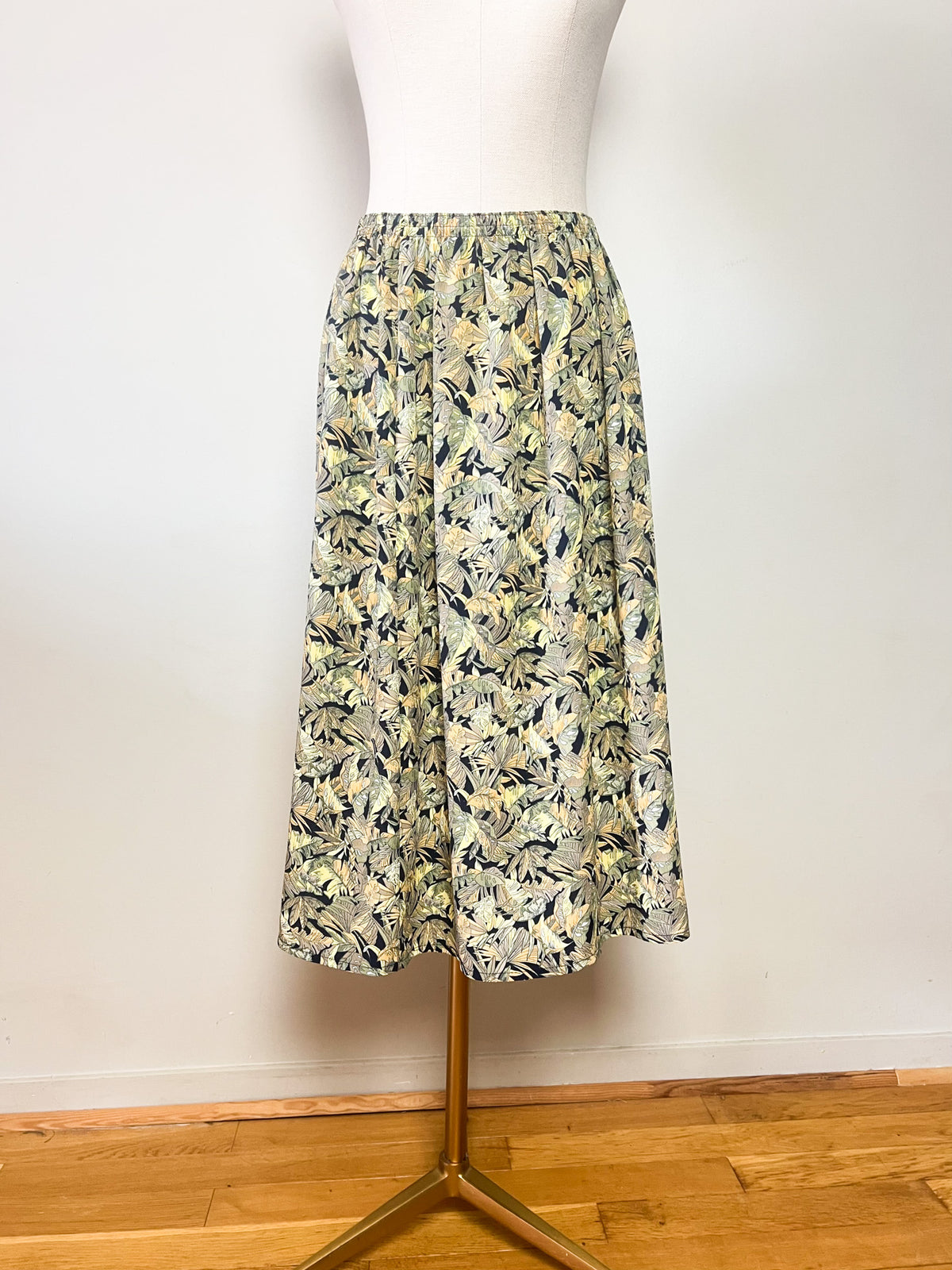 Jupe midi fluide vintage années 80 imprimé tropical kaki beige Griffon T36 38