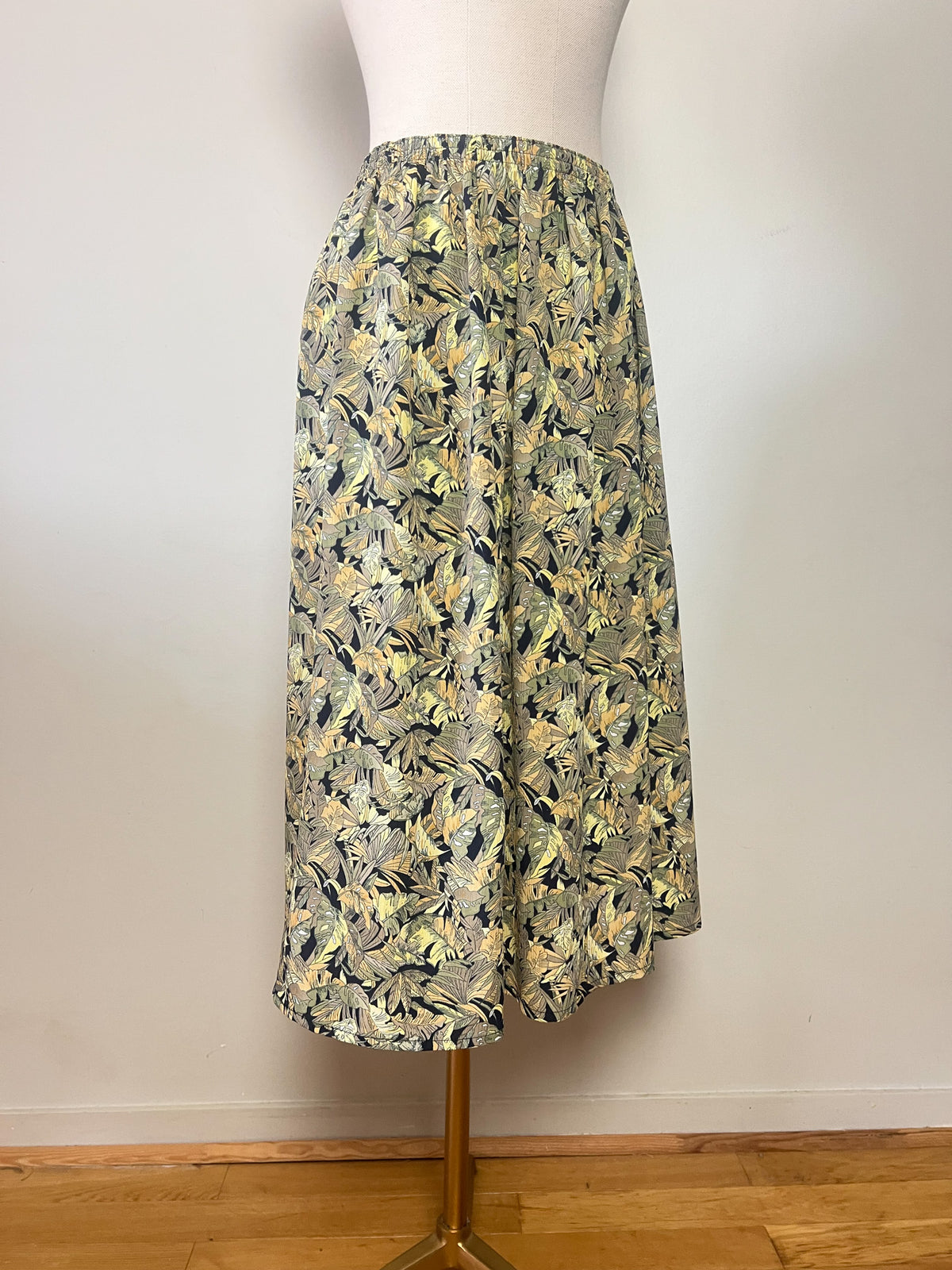 Jupe midi fluide vintage années 80 imprimé tropical kaki beige Griffon T36 38