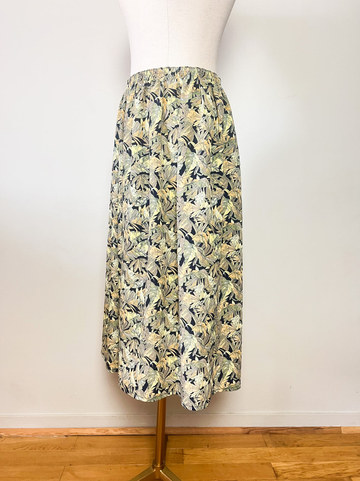 Jupe midi fluide vintage années 80 imprimé tropical kaki beige Griffon T36 38