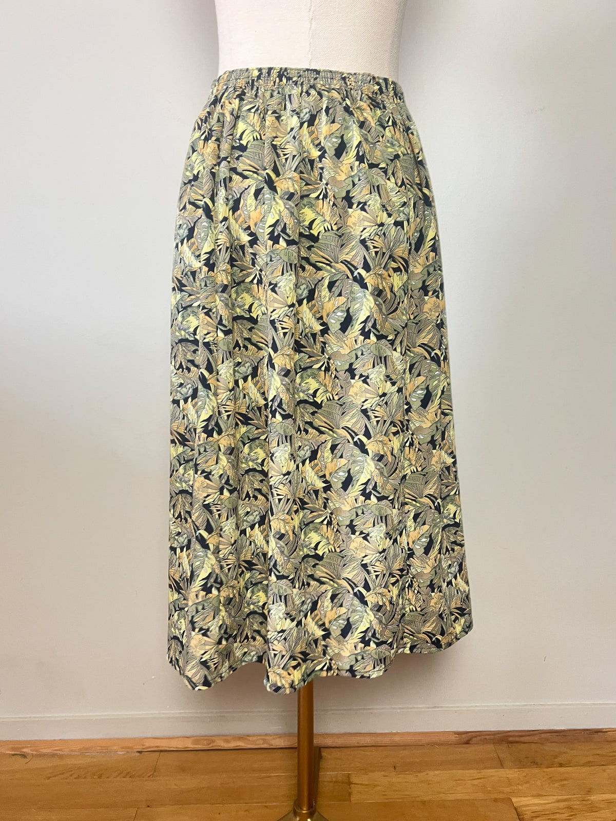 Jupe midi fluide vintage années 80 imprimé tropical kaki beige Griffon T36 38