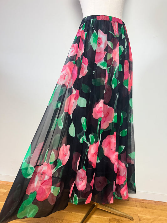 Jupe longue à plis vintage années 80 voile floral rose et vert sur fond noir T34 36