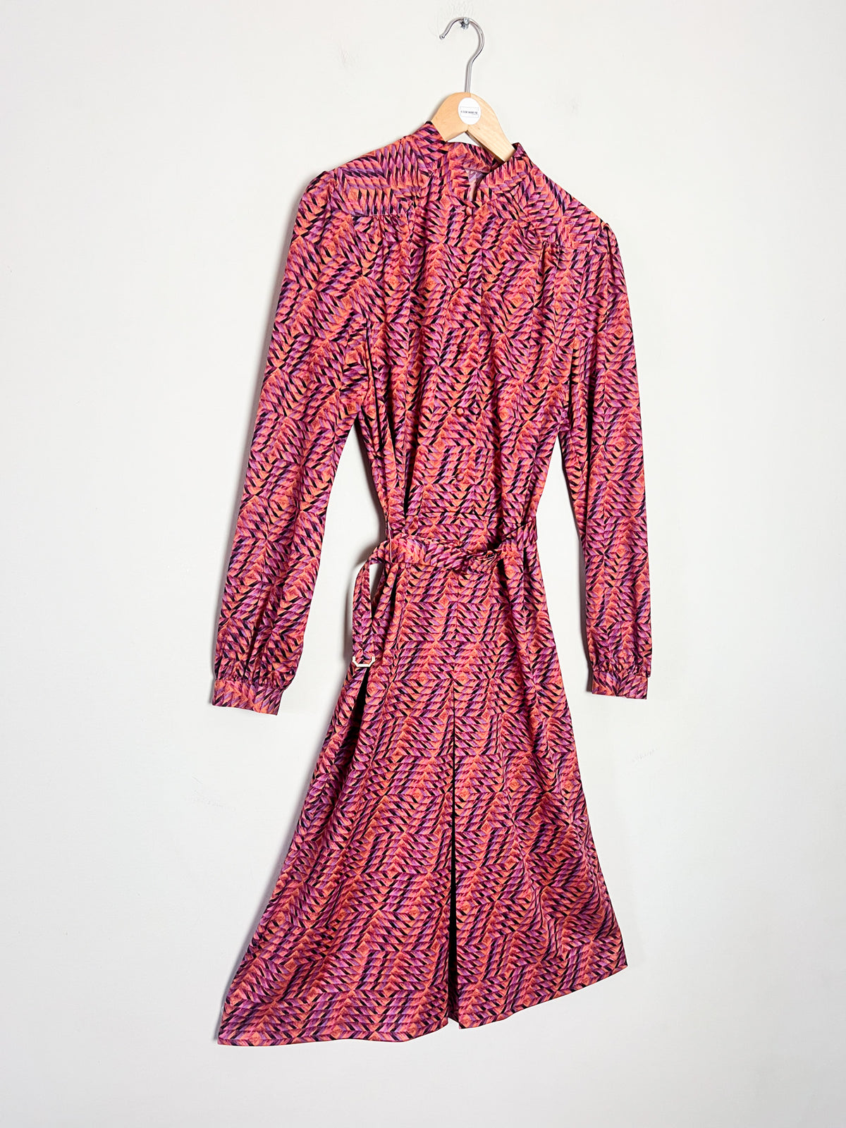 Robe midi vintage 70s imprimé graphique noir, mauve & ocre T40