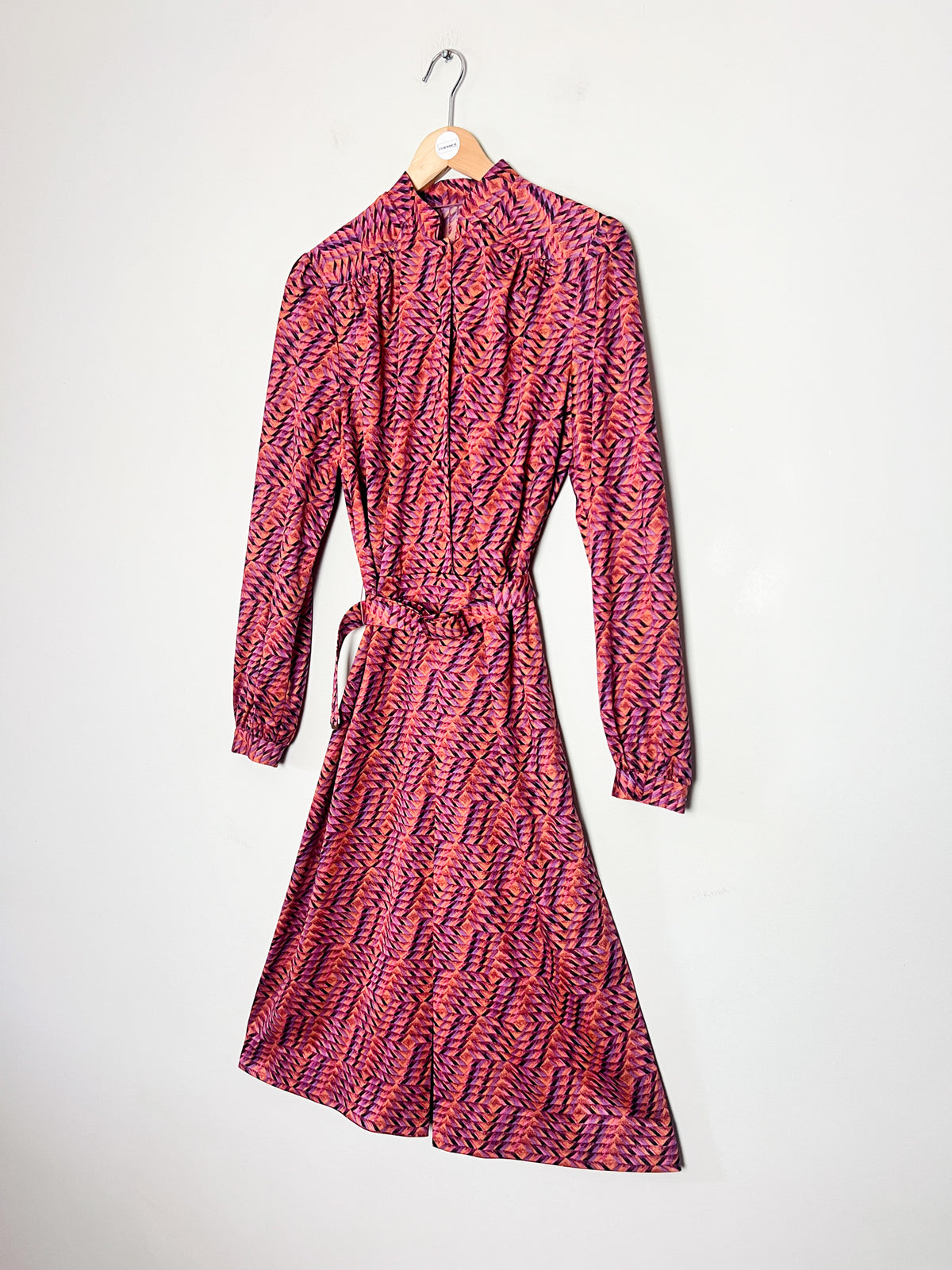 Robe midi vintage 70s imprimé graphique noir, mauve & ocre T40