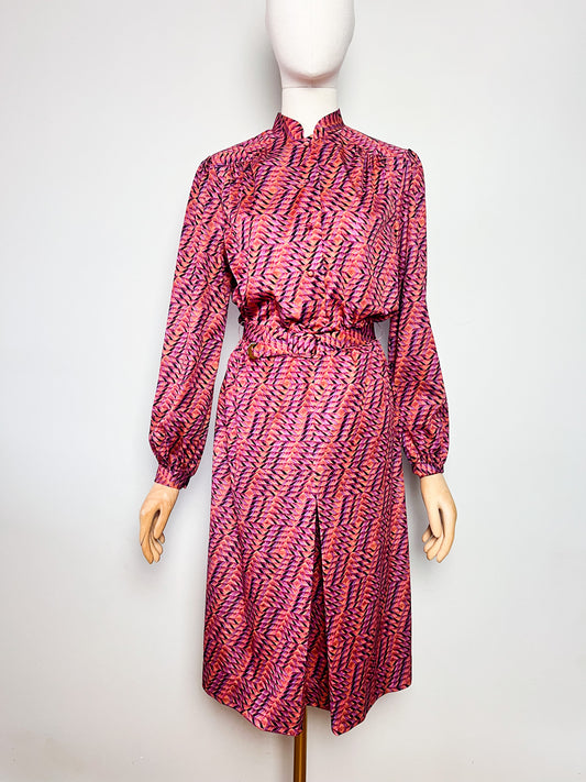 Robe midi vintage 70s imprimé graphique noir, mauve & ocre T40