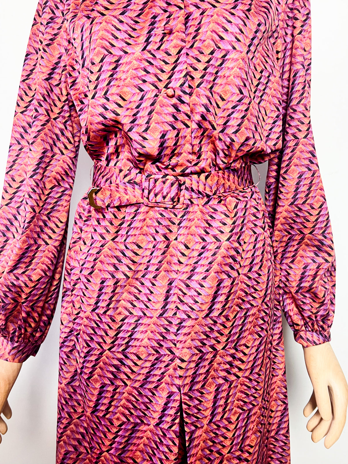 Robe midi vintage 70s imprimé graphique noir, mauve & ocre T40
