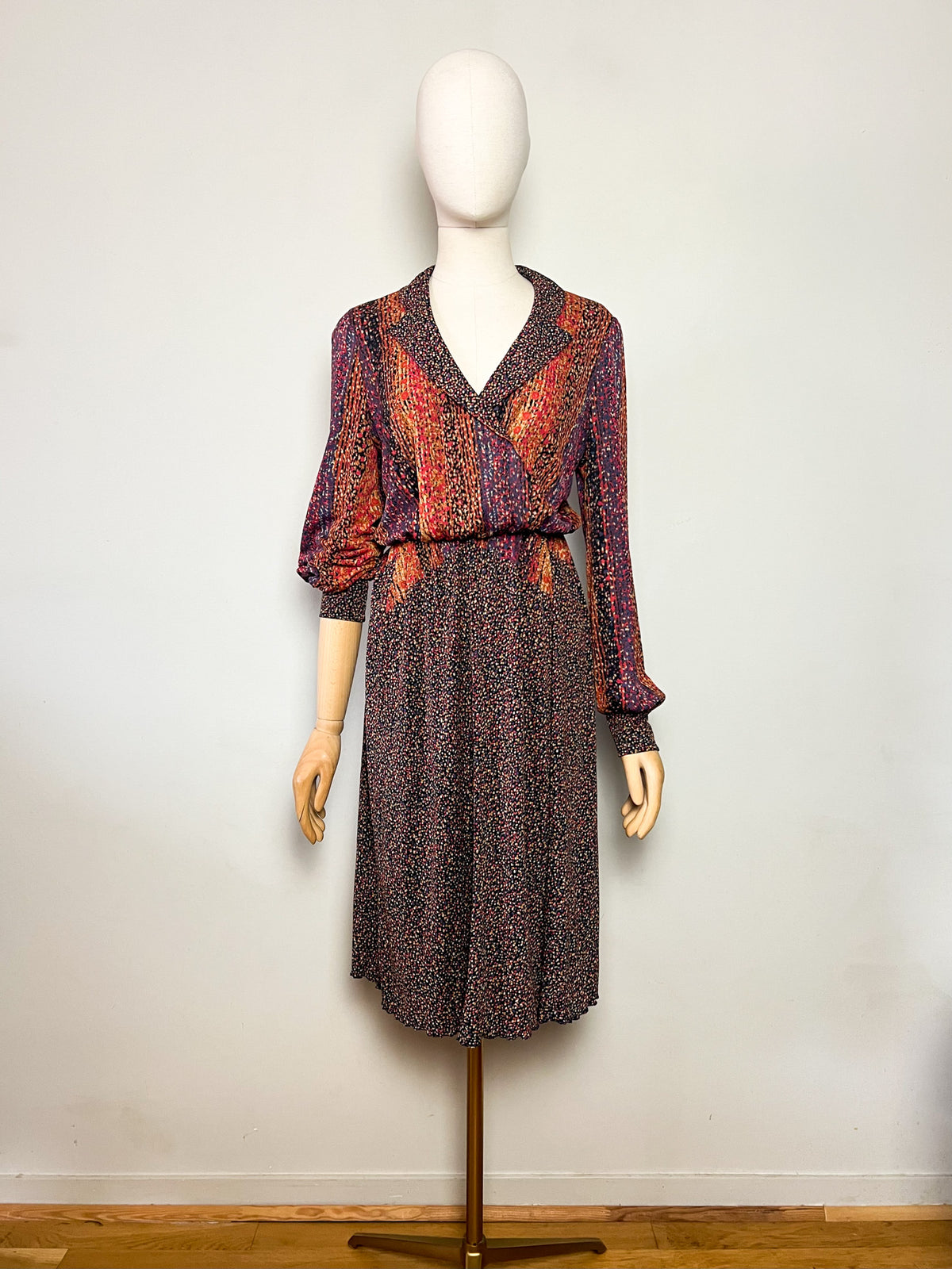 Robe midi cache-cœur vintage 70s imprimées multicolore Made in France (T36/38)