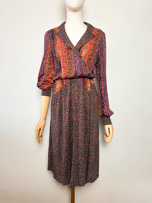 Robe midi cache-cœur vintage 70s imprimées multicolore Made in France (T36/38)