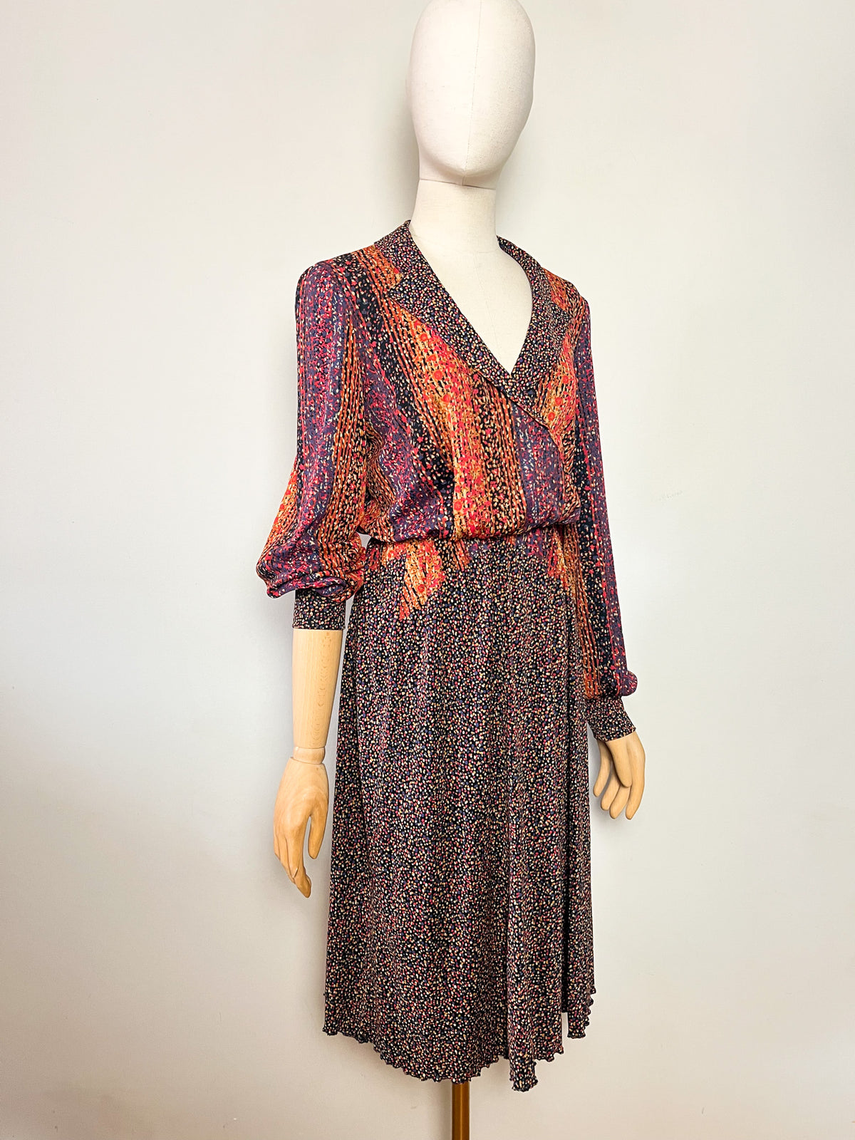 Robe midi cache-cœur vintage 70s imprimées multicolore Made in France (T36/38)