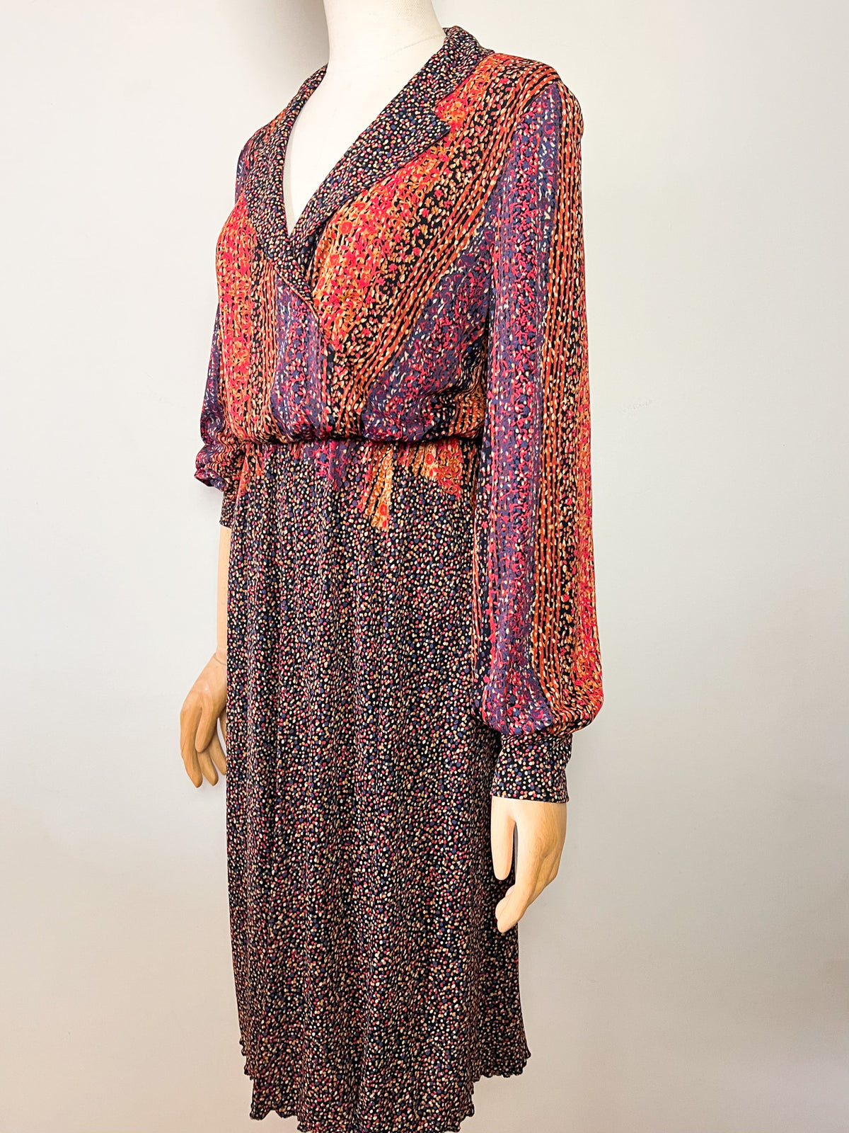 Robe midi cache-cœur vintage 70s imprimées multicolore Made in France (T36/38)
