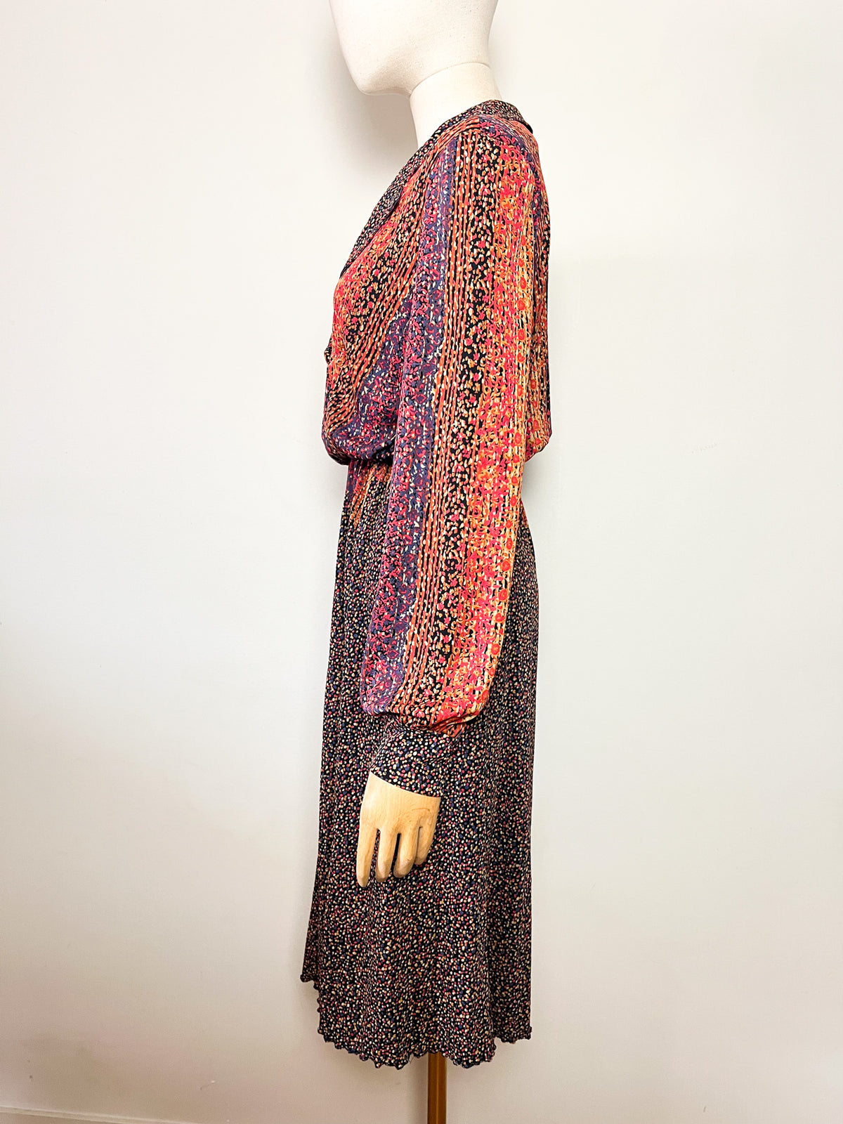 Robe midi cache-cœur vintage 70s imprimées multicolore Made in France (T36/38)
