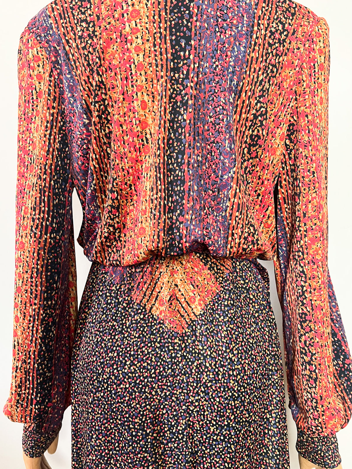 Robe midi cache-cœur vintage 70s imprimées multicolore Made in France (T36/38)