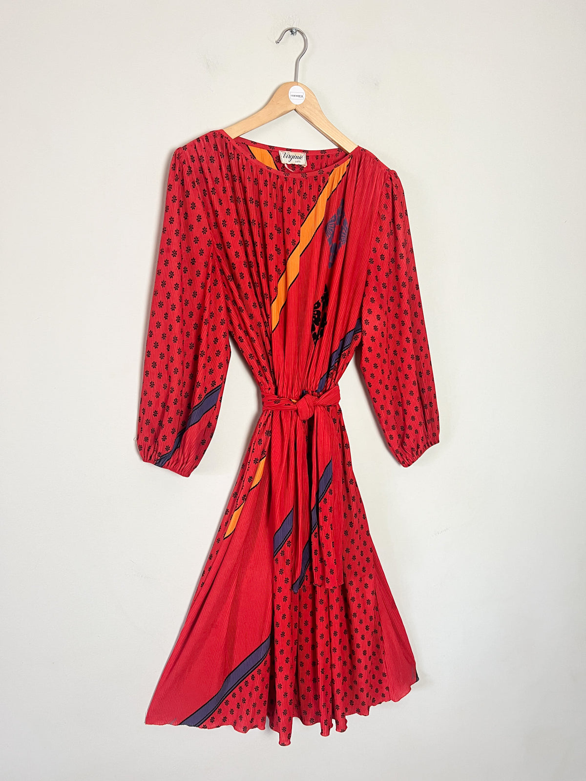 Robe mi-longue plissée vintage 70s Imprimé rétro & ceinture Virginie Paris (T36 au 40)