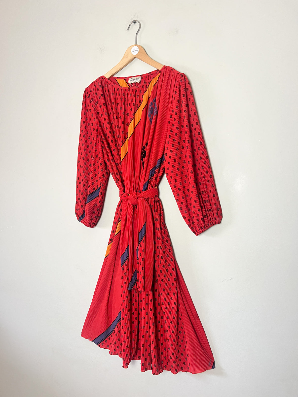 Robe mi-longue plissée vintage 70s Imprimé rétro & ceinture Virginie Paris (T36 au 40)