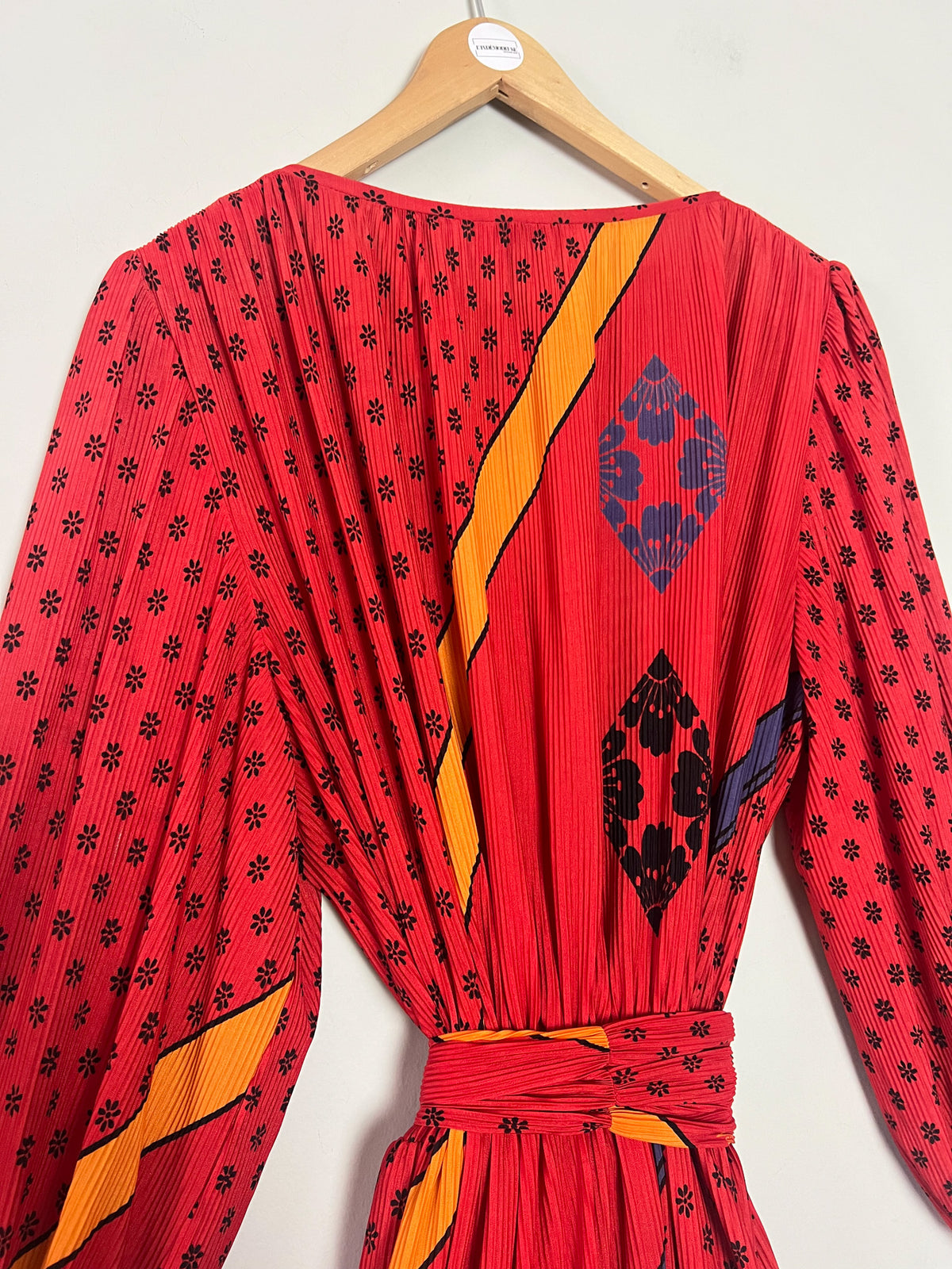 Robe mi-longue plissée vintage 70s Imprimé rétro & ceinture Virginie Paris (T36 au 40)