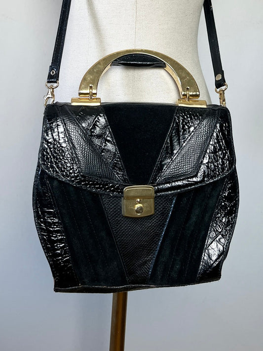 Sac à main Vintage Noir Patchwork Cuir & Daim - Anse Rigide Dorée - Bandoulière Amovible - Années 80 - Rétro Chic