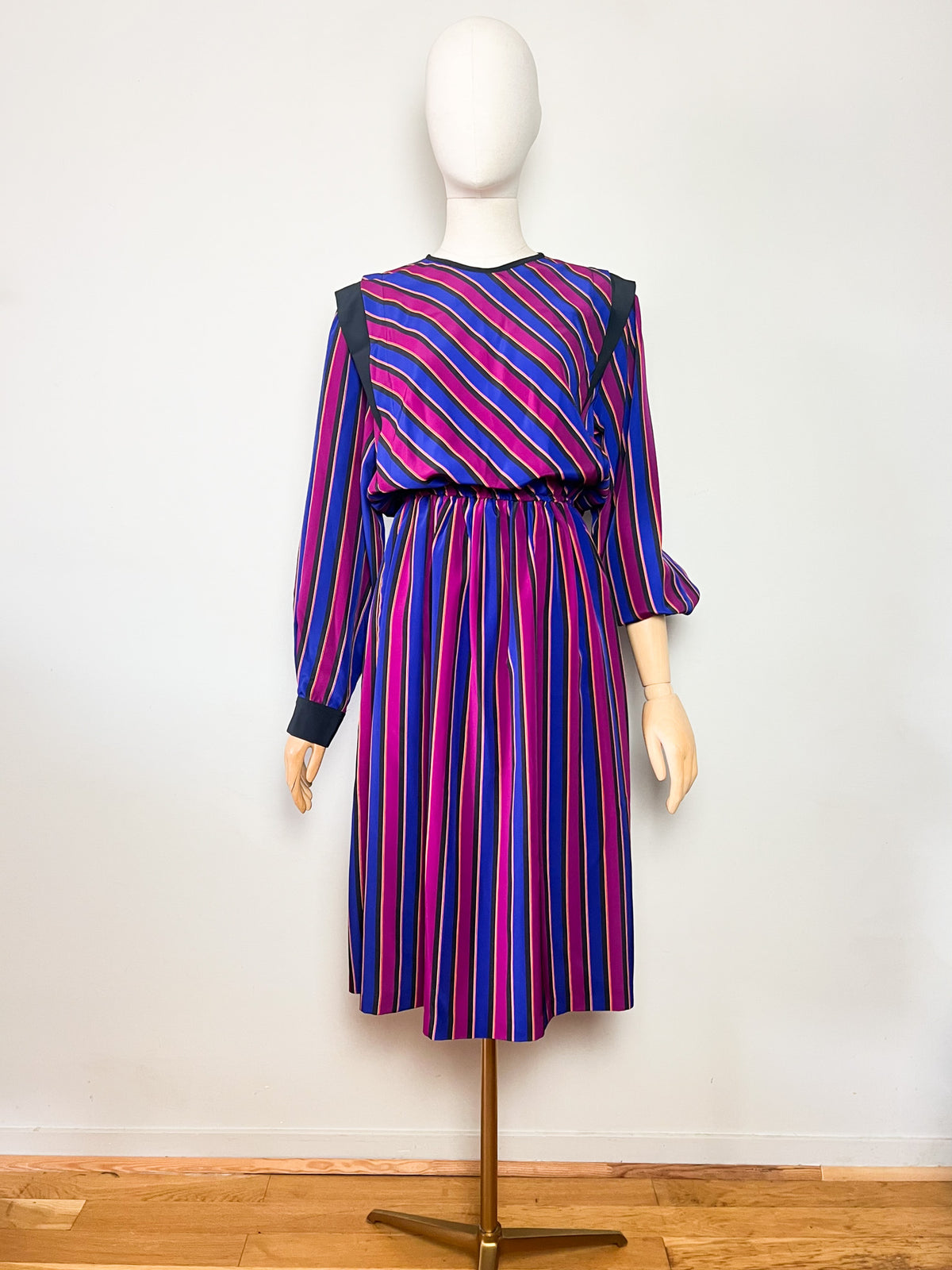 Robe midi vintage années 80 rayée avec poches Eric Laage Paris Made in France (T36)