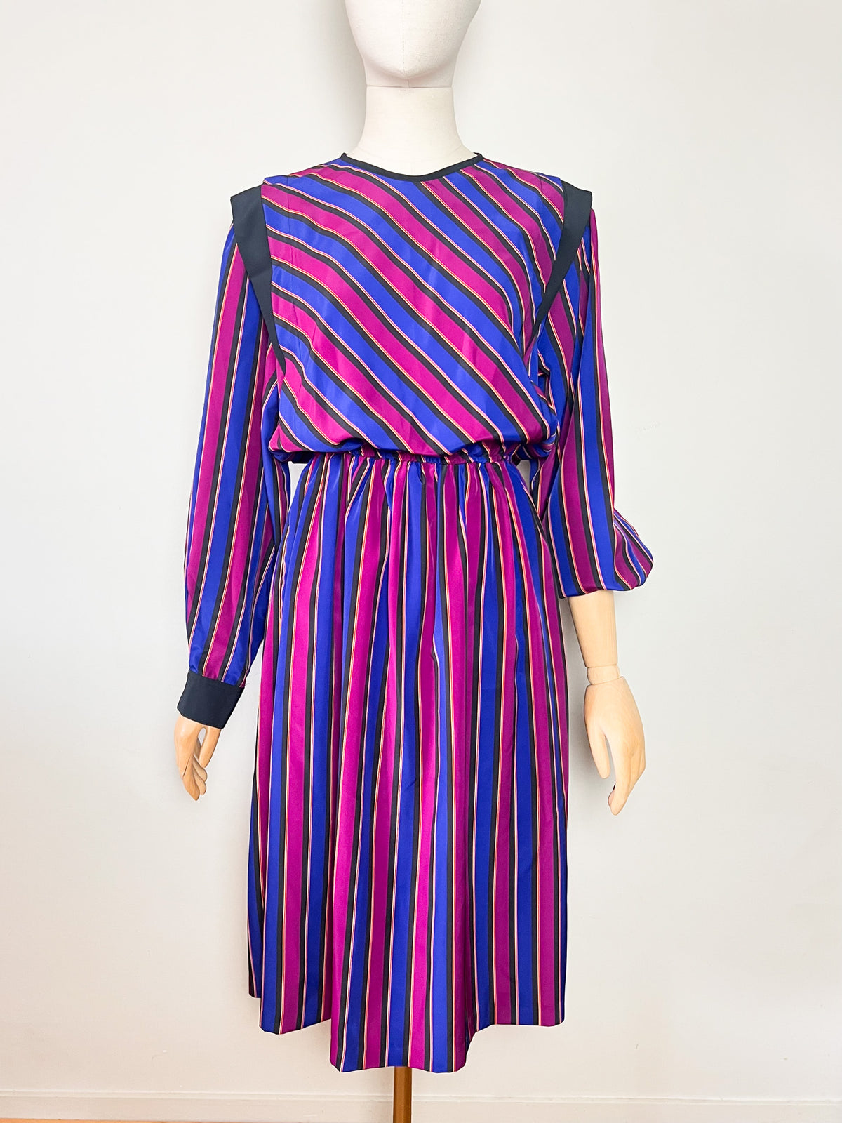 Robe midi vintage années 80 rayée avec poches Eric Laage Paris Made in France (T36)