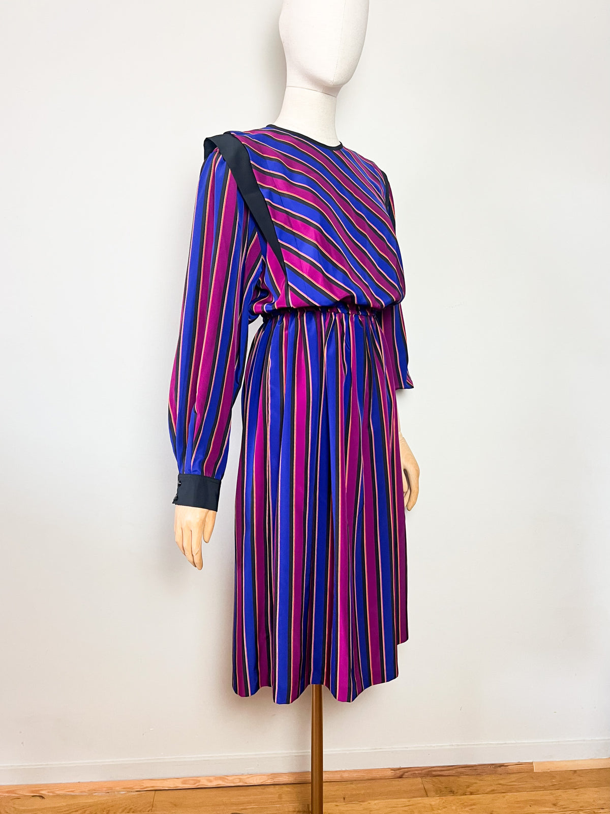 Robe midi vintage années 80 rayée avec poches Eric Laage Paris Made in France (T36)