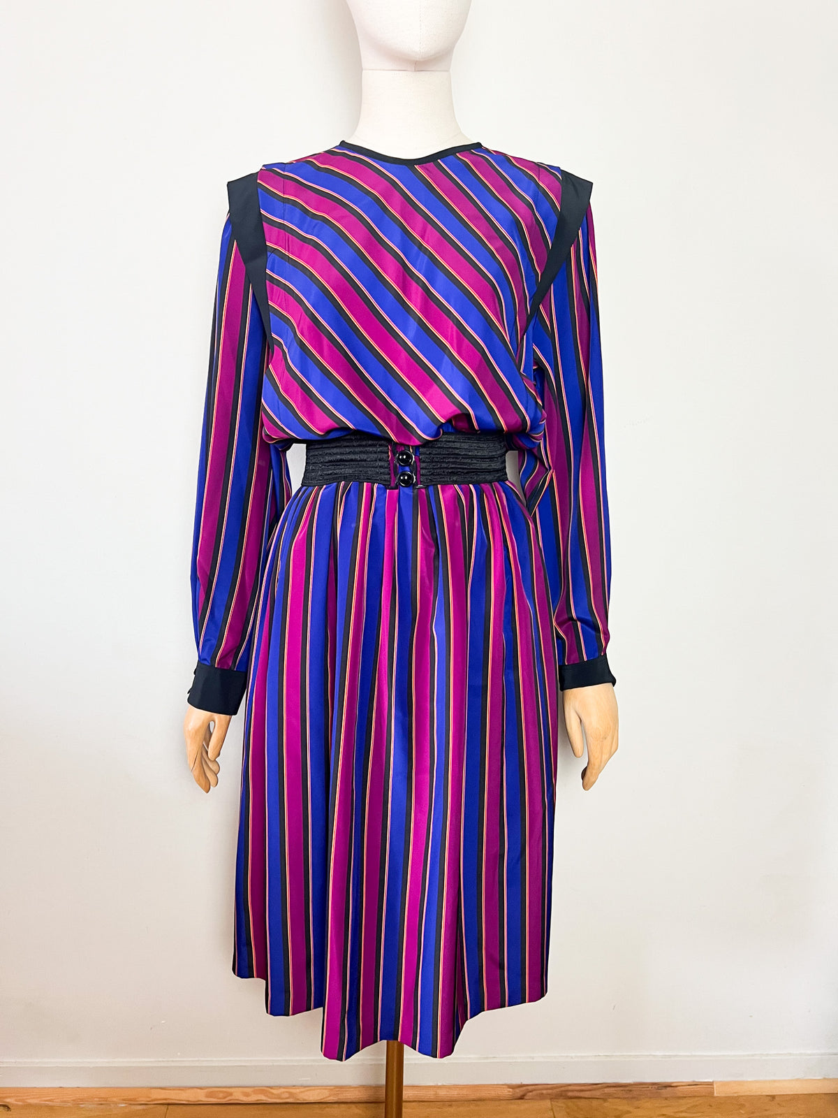 Robe midi vintage années 80 rayée avec poches Eric Laage Paris Made in France (T36)