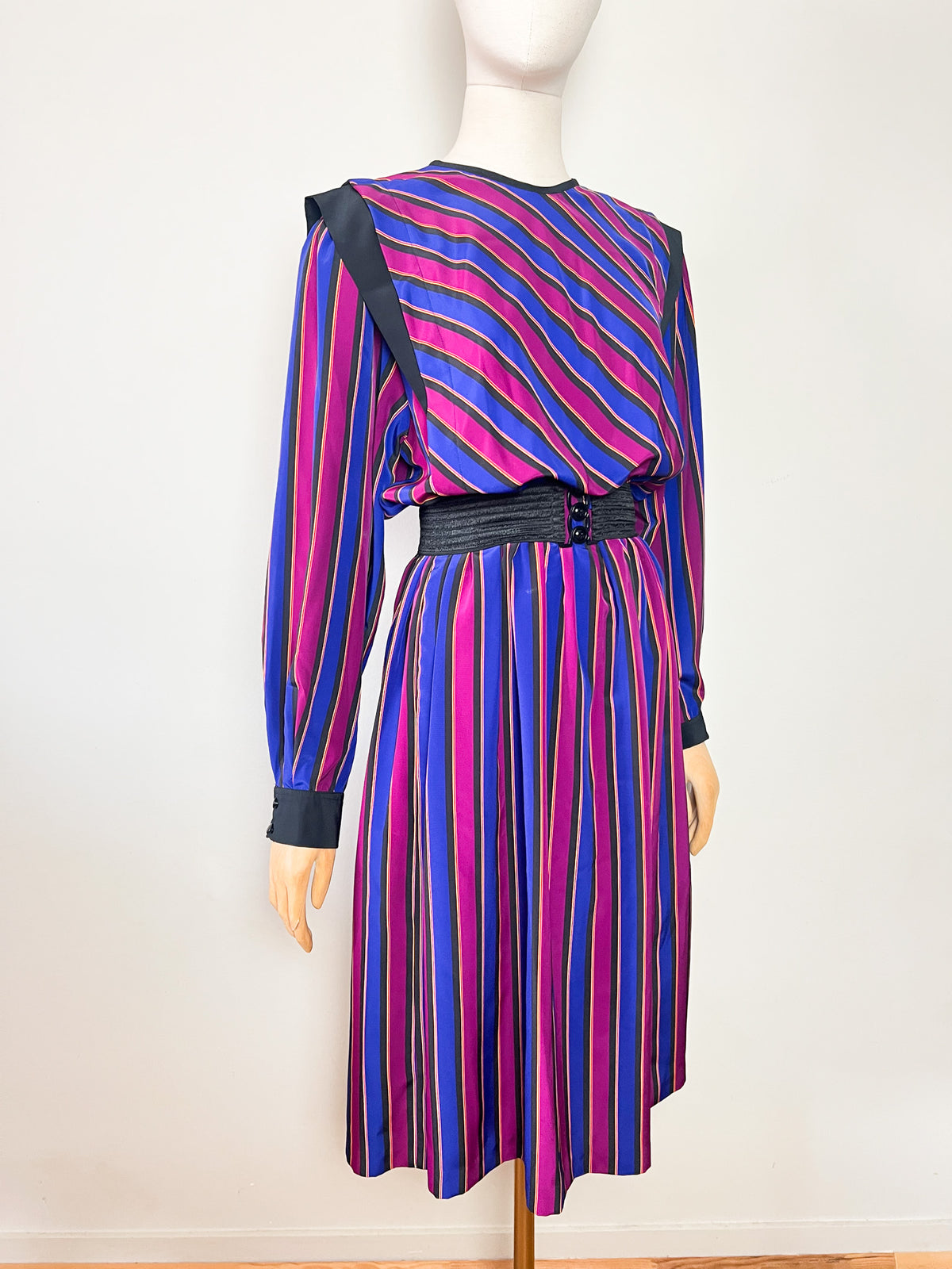 Robe midi vintage années 80 rayée avec poches Eric Laage Paris Made in France (T36)