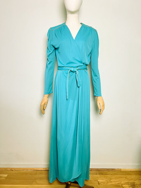 Robe longue cocktail vintage années 70 Vert lagon & liserés dorés Taille 36/38