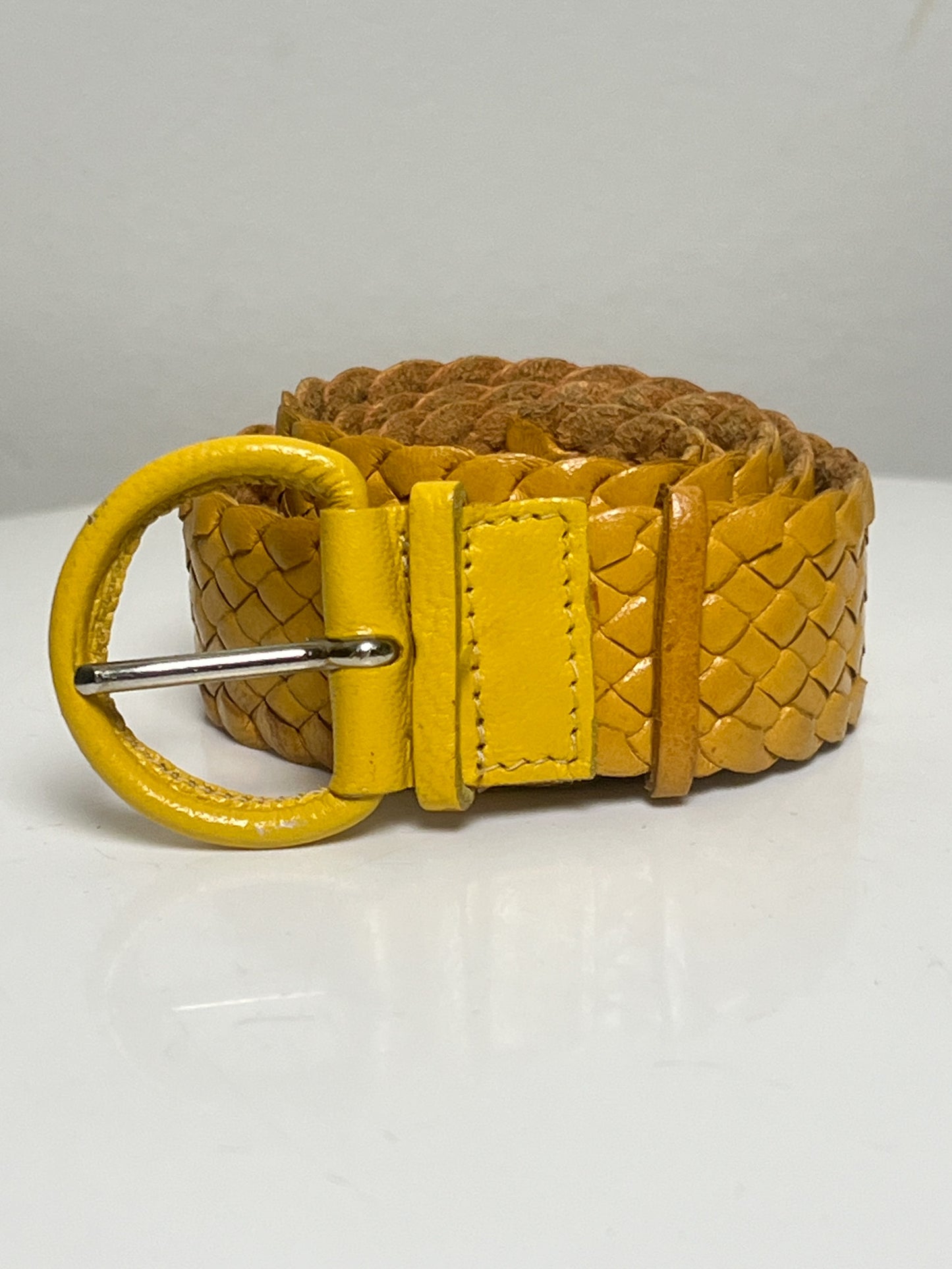 Ceinture Vintage Jaune en Cuir de Chèvre Tressé - Taille 75 - Made in France