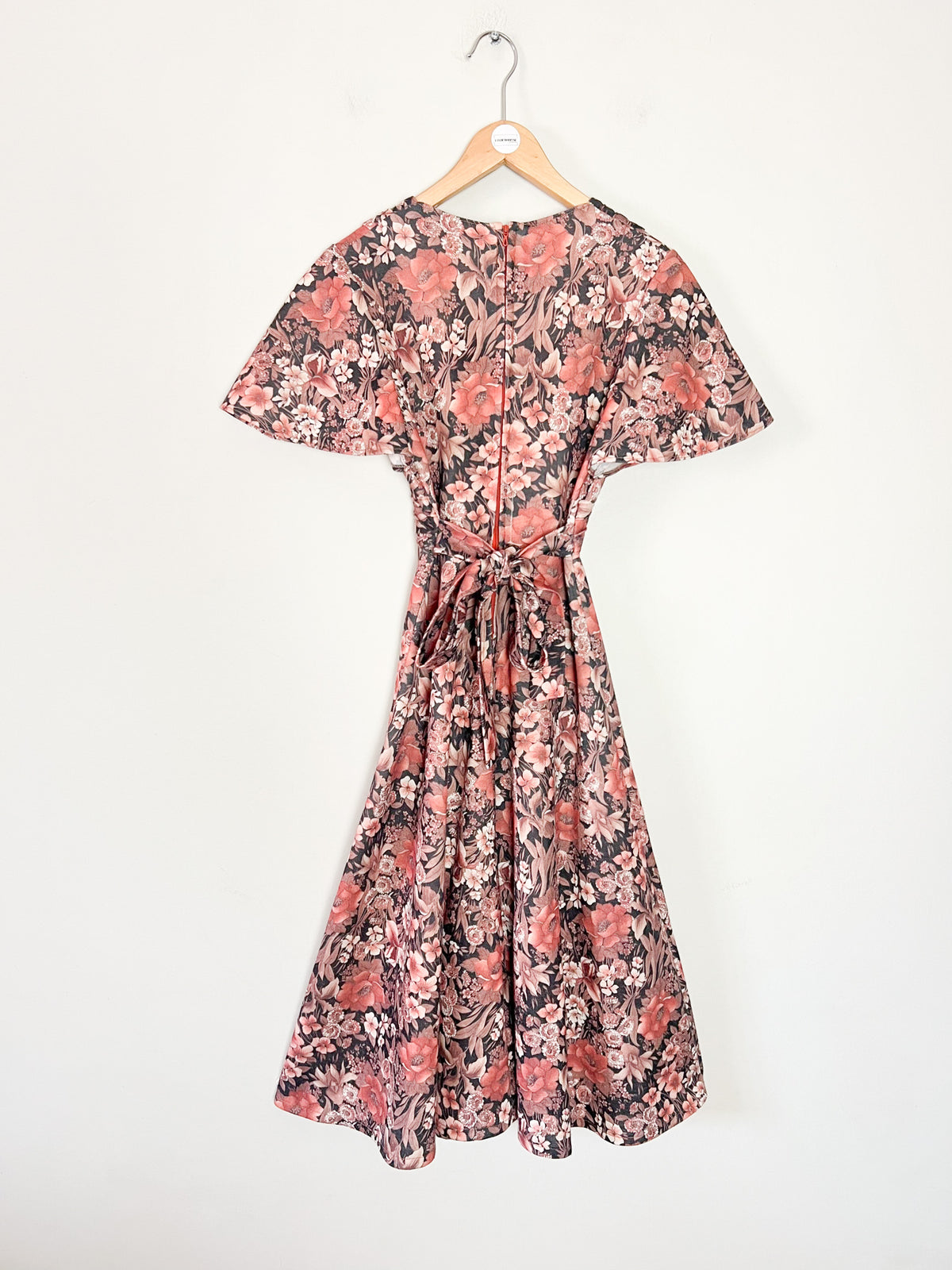Robe vintage 70s imprimé fleurs brun & rose manches papillon T34/36