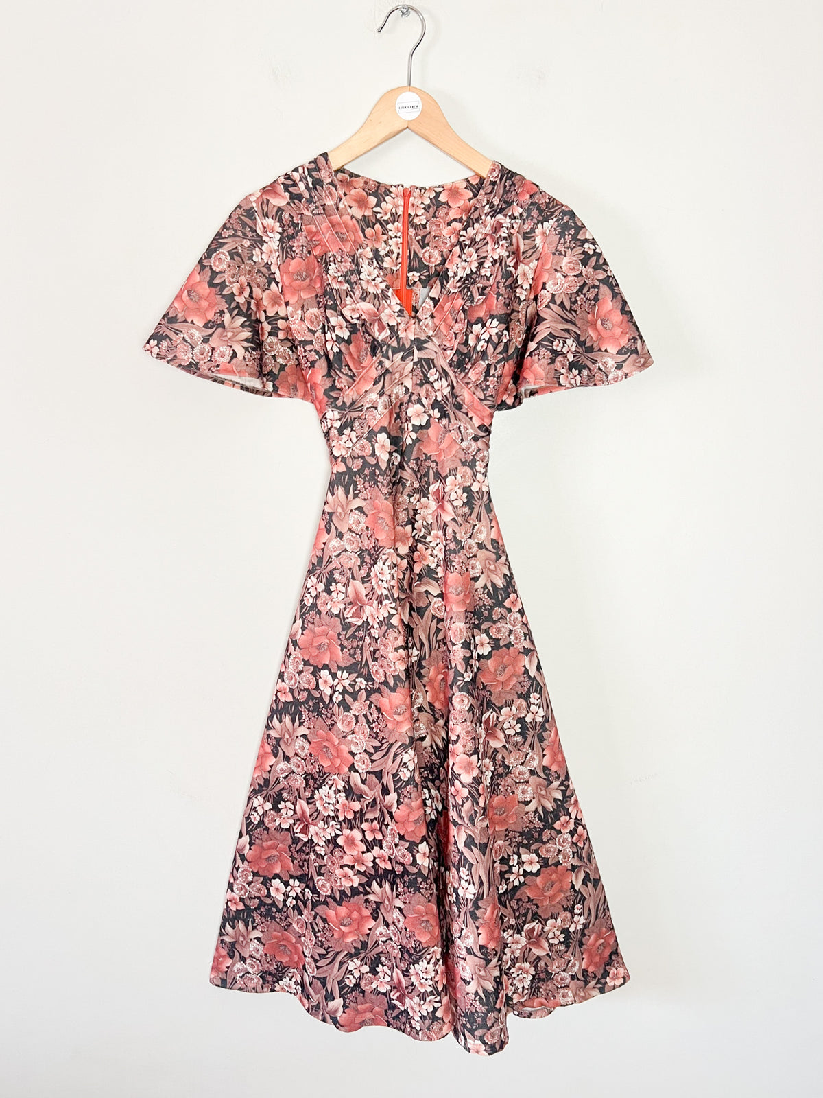 Robe vintage 70s imprimé fleurs brun & rose manches papillon T34/36