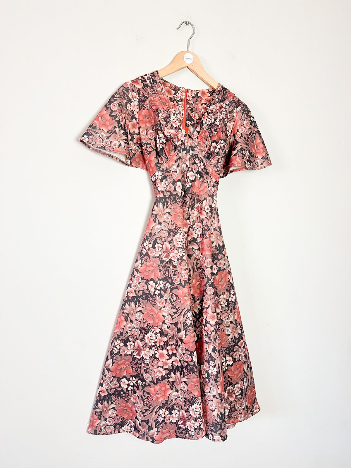 Robe vintage 70s imprimé fleurs brun & rose manches papillon T34/36