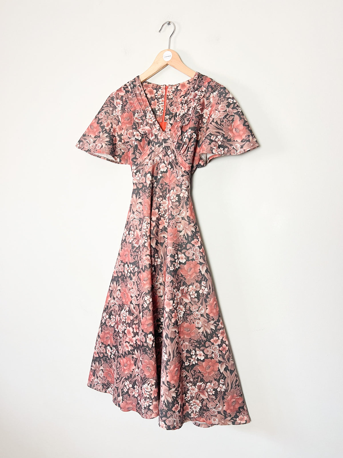 Robe vintage 70s imprimé fleurs brun & rose manches papillon T34/36