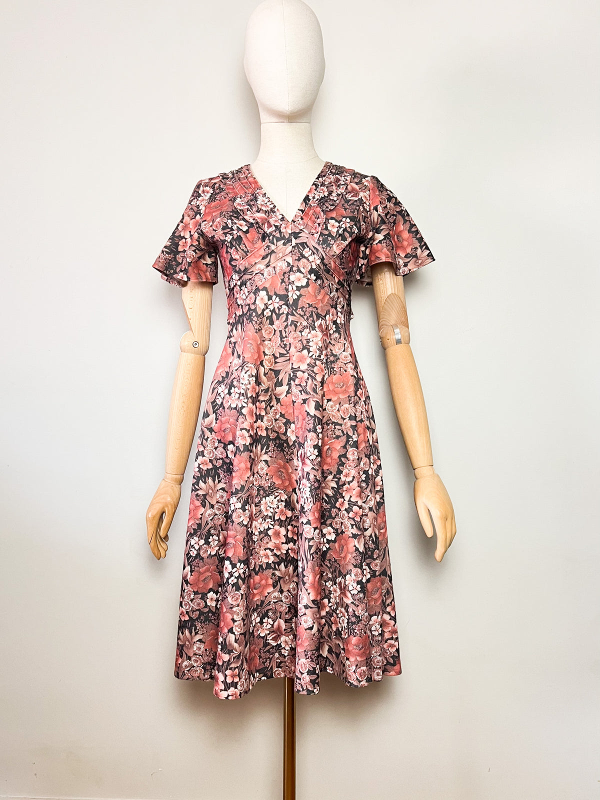 Robe vintage 70s imprimé fleurs brun & rose manches papillon T34/36