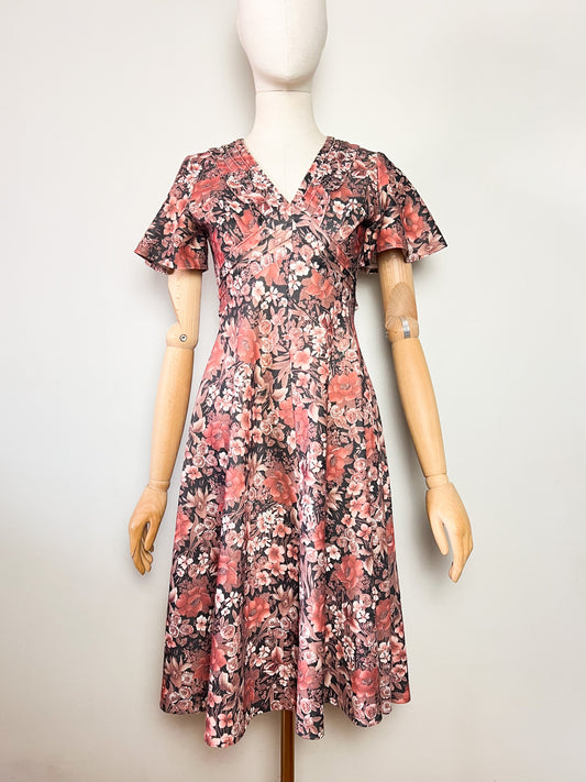 Robe vintage 70s imprimé fleurs brun & rose manches papillon T34/36