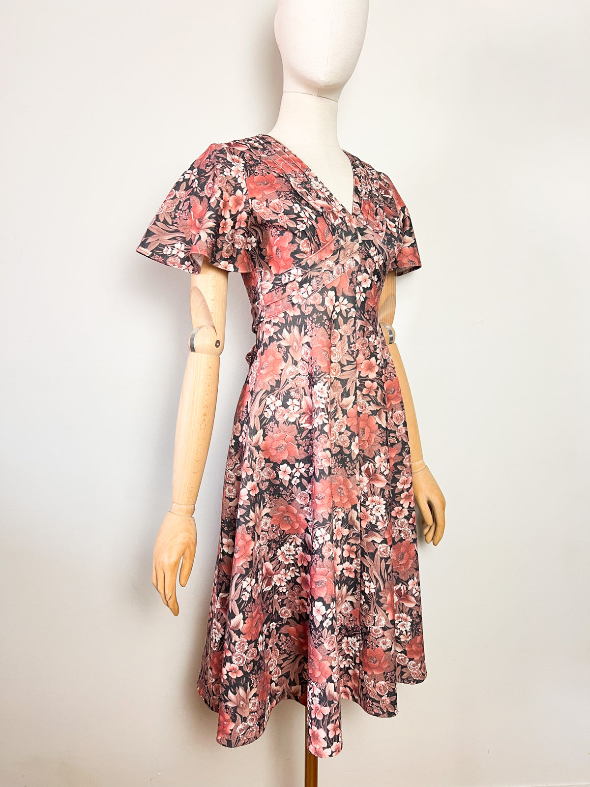 Robe vintage 70s imprimé fleurs brun & rose manches papillon T34/36