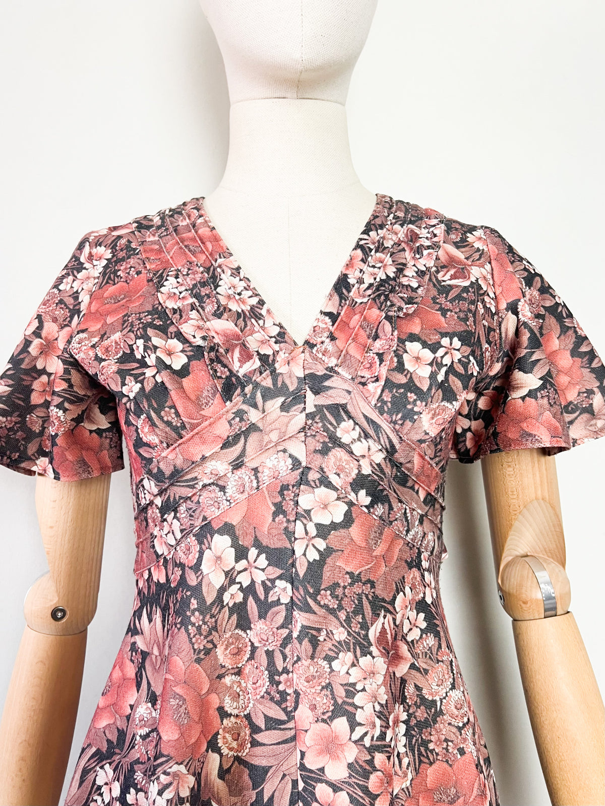 Robe vintage 70s imprimé fleurs brun & rose manches papillon T34/36
