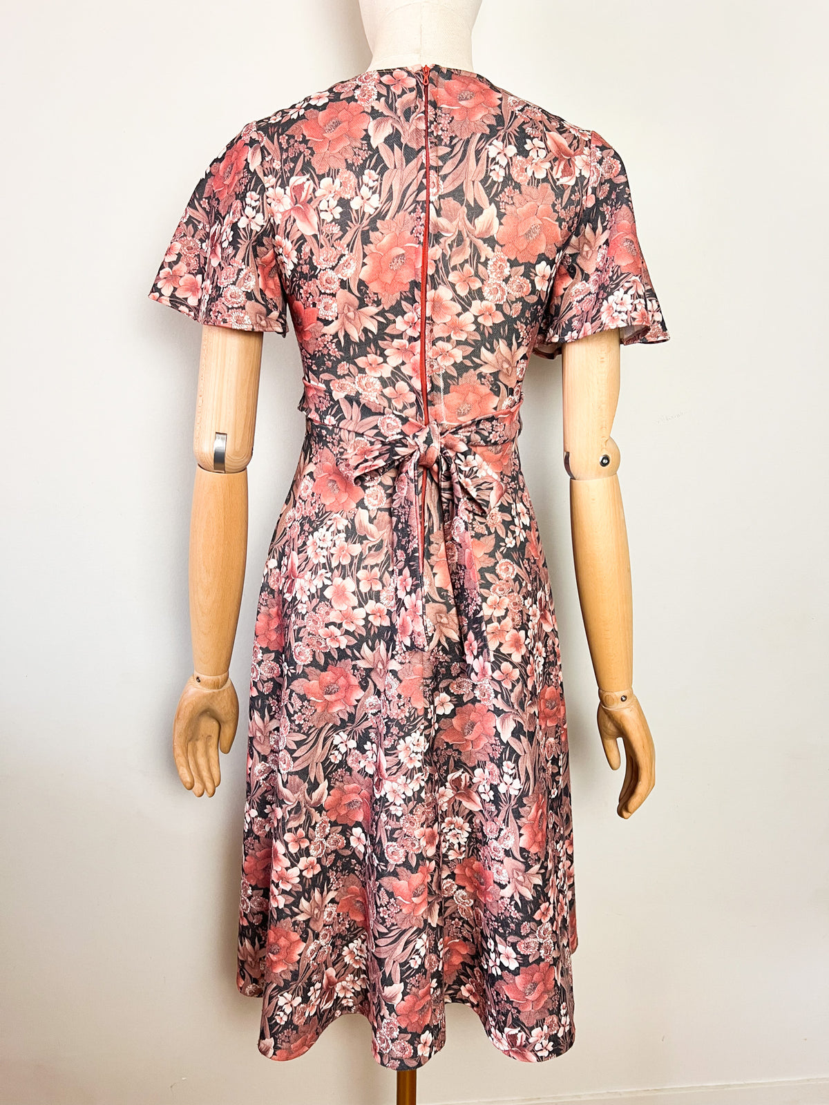 Robe vintage 70s imprimé fleurs brun & rose manches papillon T34/36