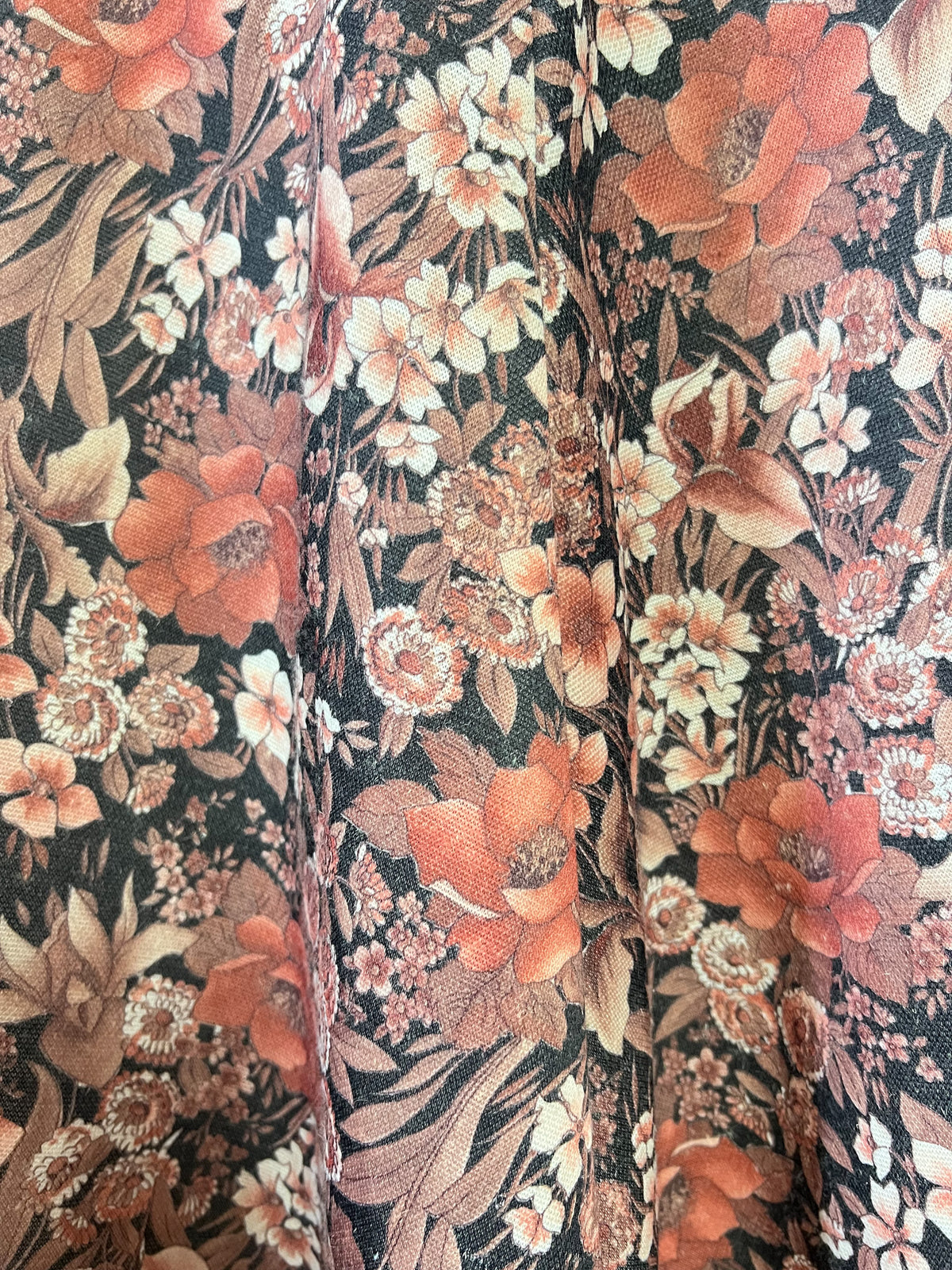 Robe vintage 70s imprimé fleurs brun & rose manches papillon T34/36
