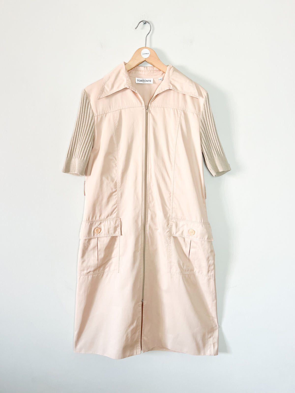 Robe-manteau zippée vintage années 70 bimatière beige Miss Torrente Paris T42