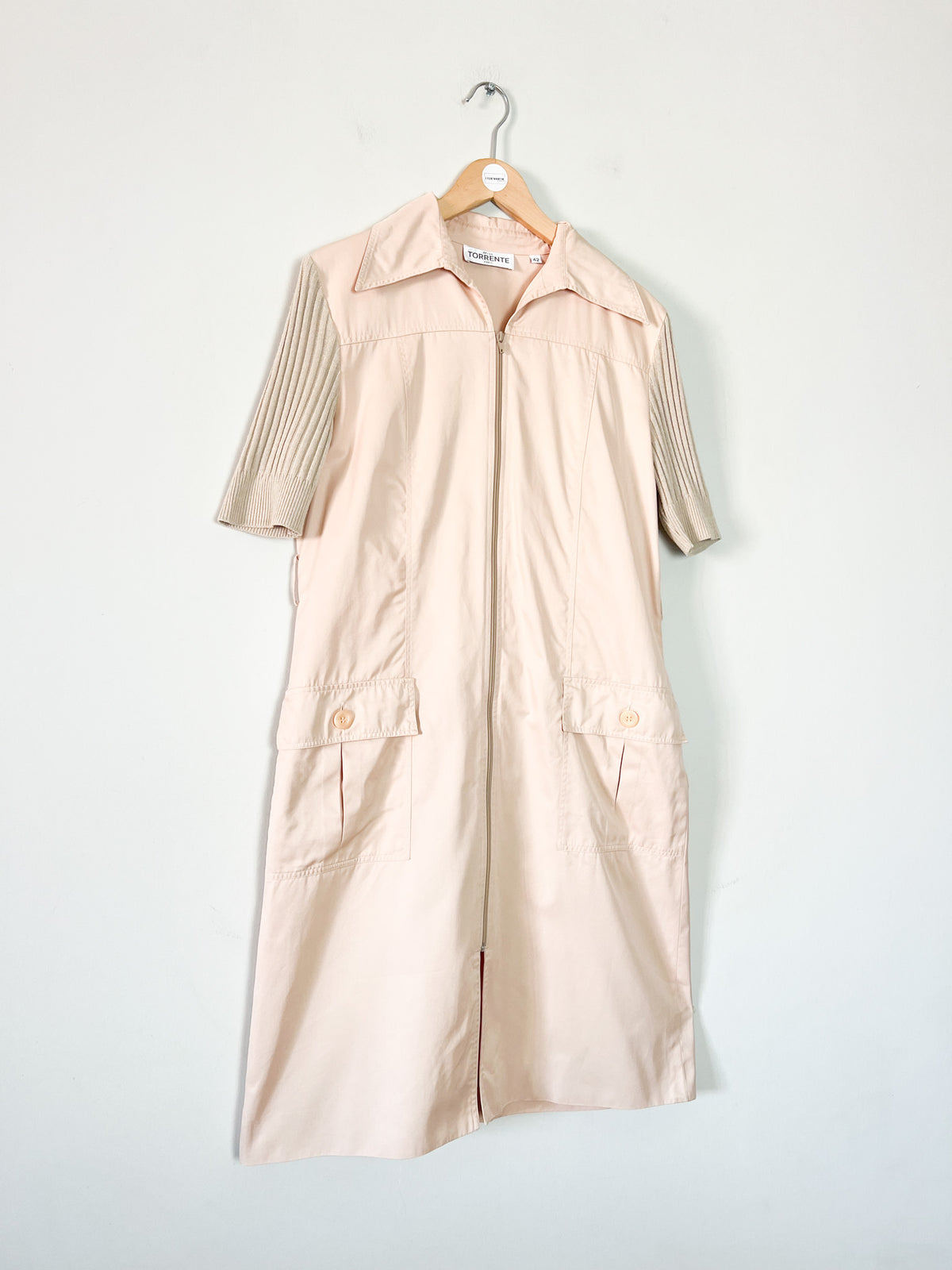 Robe-manteau zippée vintage années 70 bimatière beige Miss Torrente Paris T42