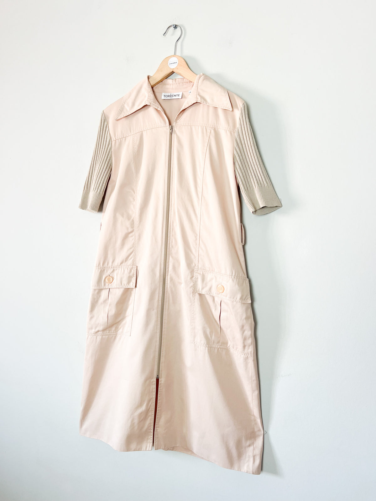 Robe-manteau zippée vintage années 70 bimatière beige Miss Torrente Paris T42