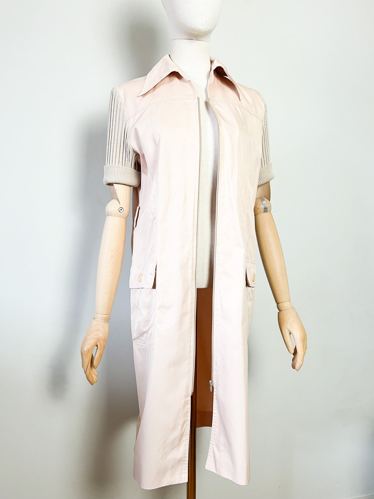 Robe-manteau zippée vintage années 70 bimatière beige Miss Torrente Paris T42
