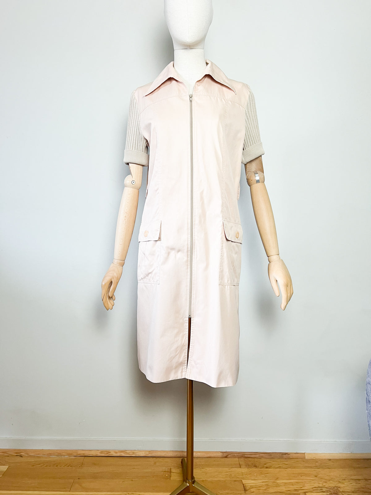 Robe-manteau zippée vintage années 70 bimatière beige Miss Torrente Paris T42