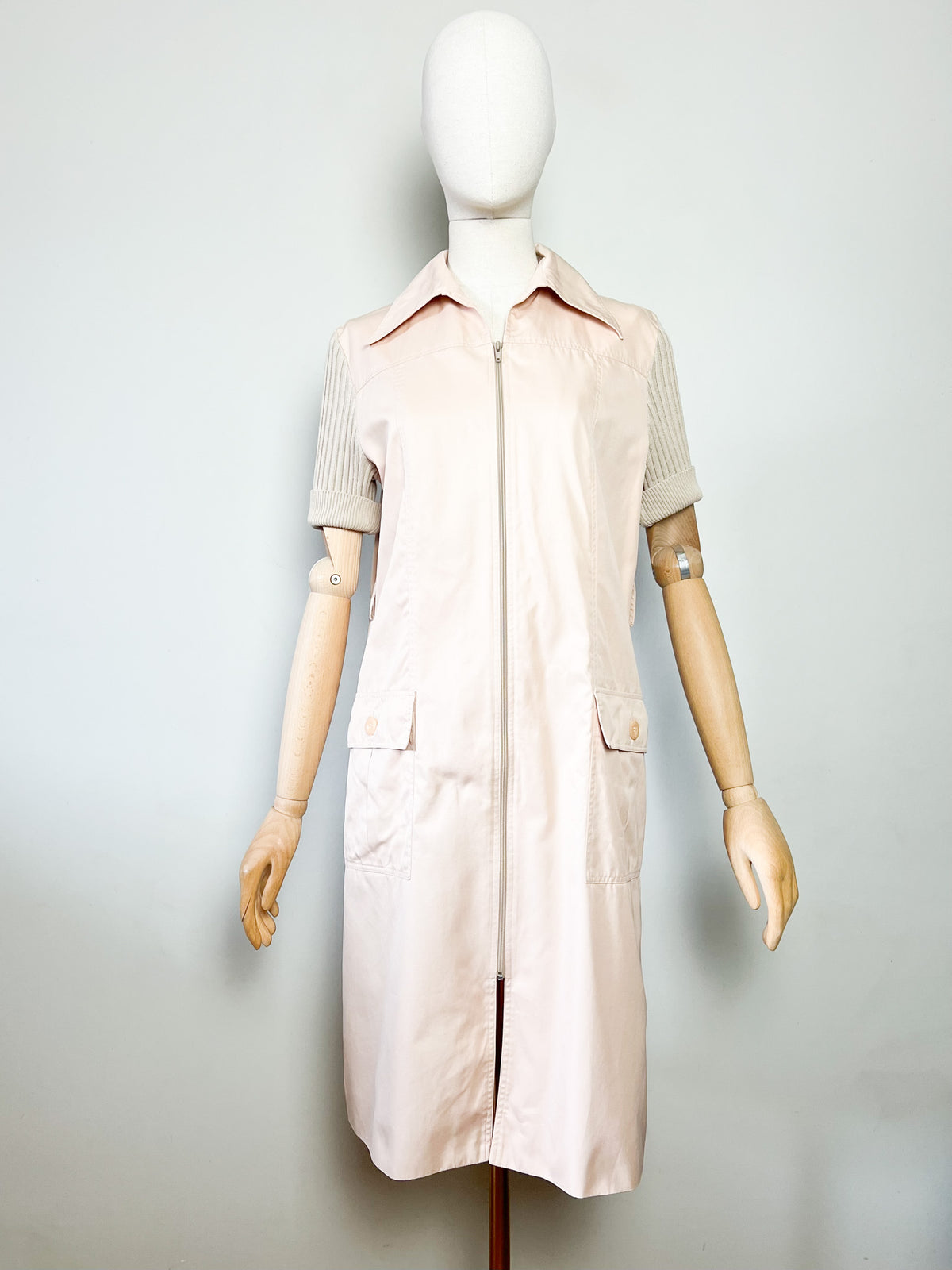 Robe-manteau zippée vintage années 70 bimatière beige Miss Torrente Paris T42