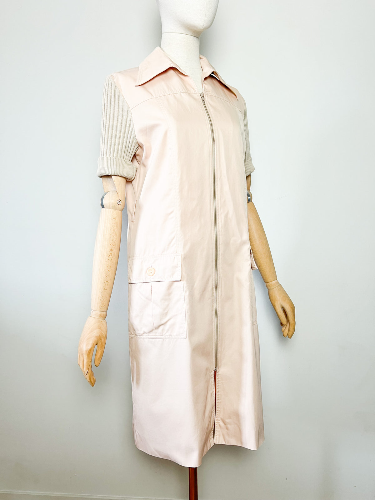 Robe-manteau zippée vintage années 70 bimatière beige Miss Torrente Paris T42