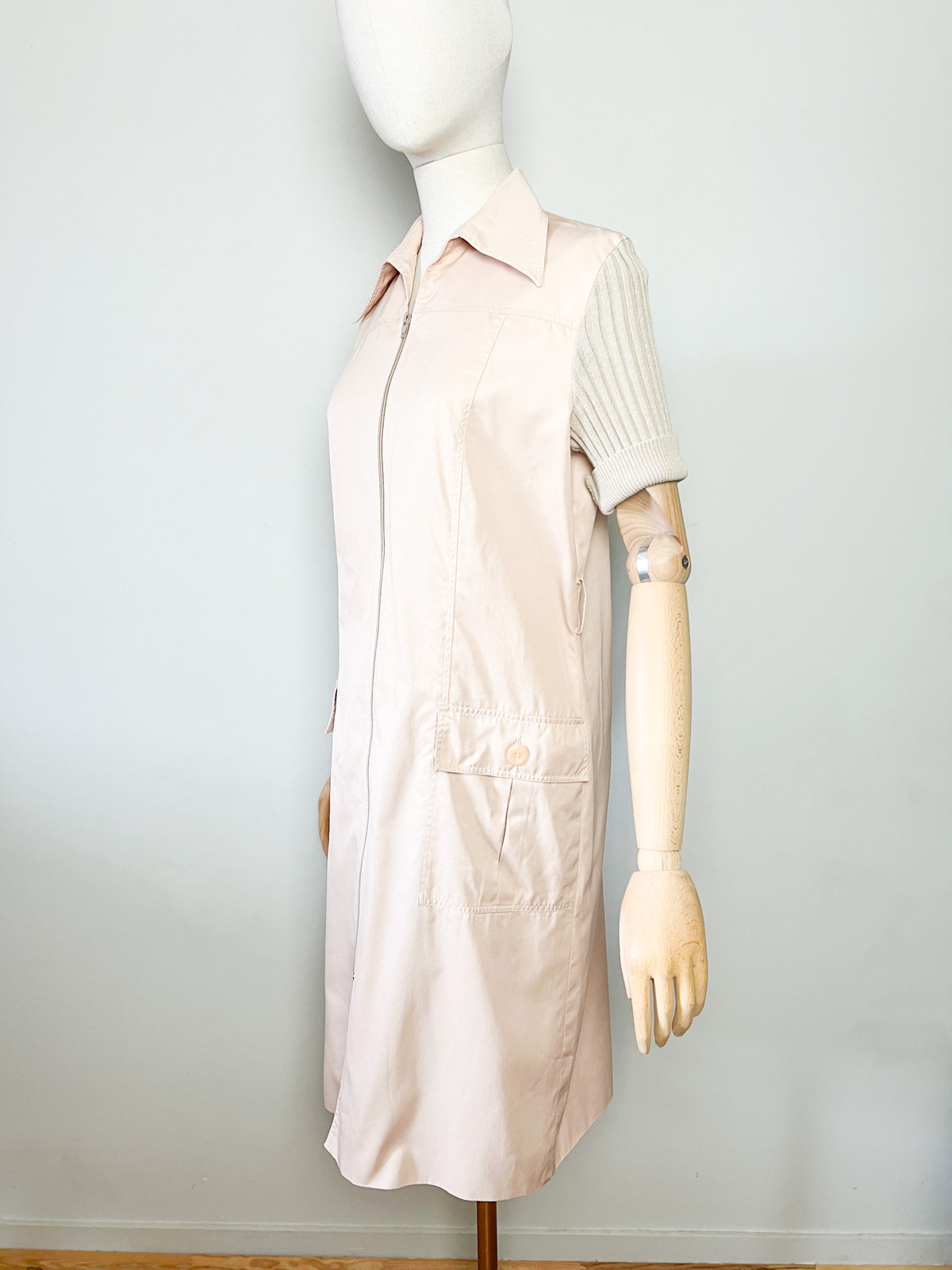 Robe-manteau zippée vintage années 70 bimatière beige Miss Torrente Paris T42