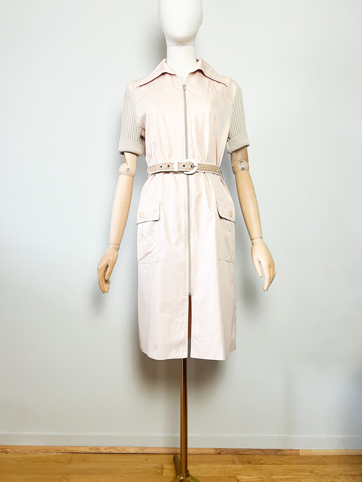 Robe-manteau zippée vintage années 70 bimatière beige Miss Torrente Paris T42