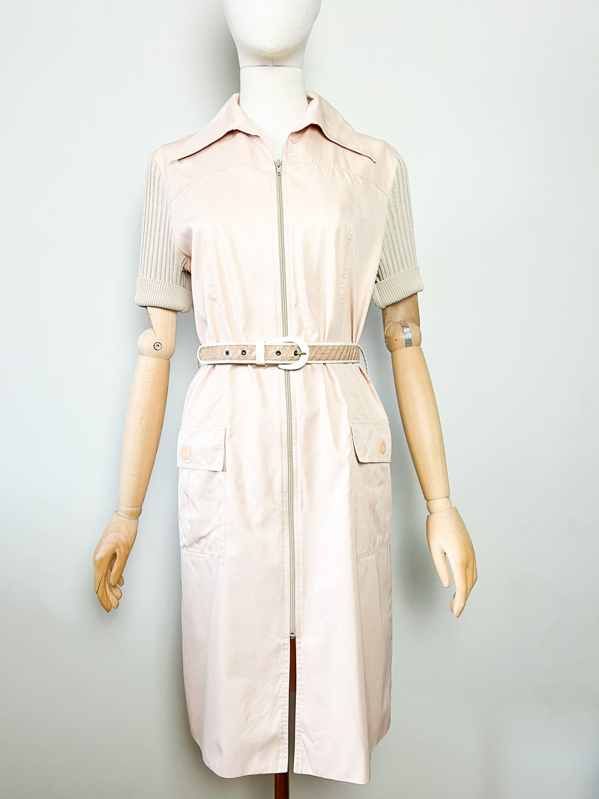 Robe-manteau zippée vintage années 70 bimatière beige Miss Torrente Paris T42