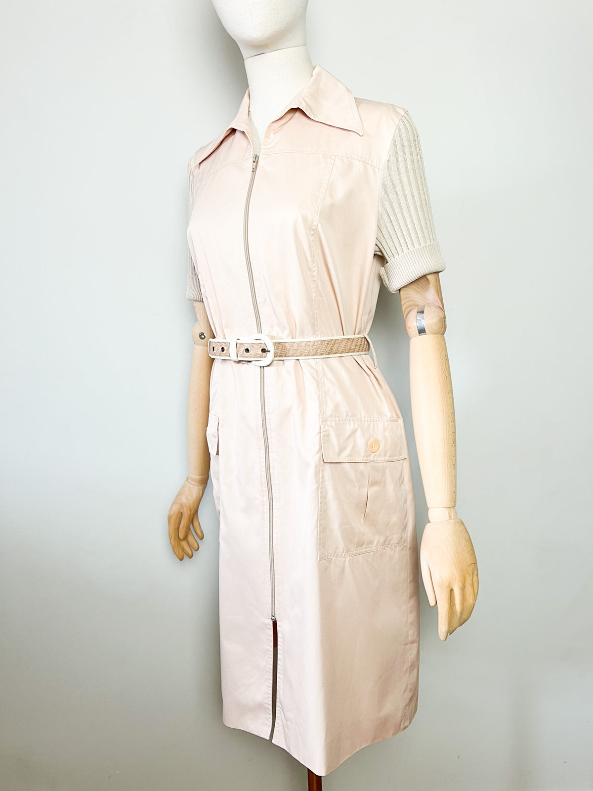Robe-manteau zippée vintage années 70 bimatière beige Miss Torrente Paris T42